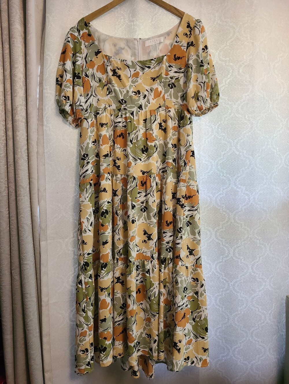 Astr Floral Tiered Dress in Mustard, Olive & Orange
